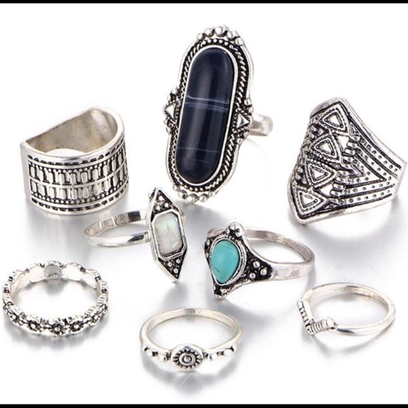 5 for $20 ❤️ 8pc Silver Navy Blue Boho Ring Set - Picture 2 of 4